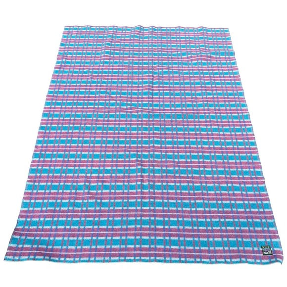 Vintage Other - Vintage Traverse Bay Woolen Co Wool Blanket 56x81 Plaid Pink Aqua‎ Purple USA